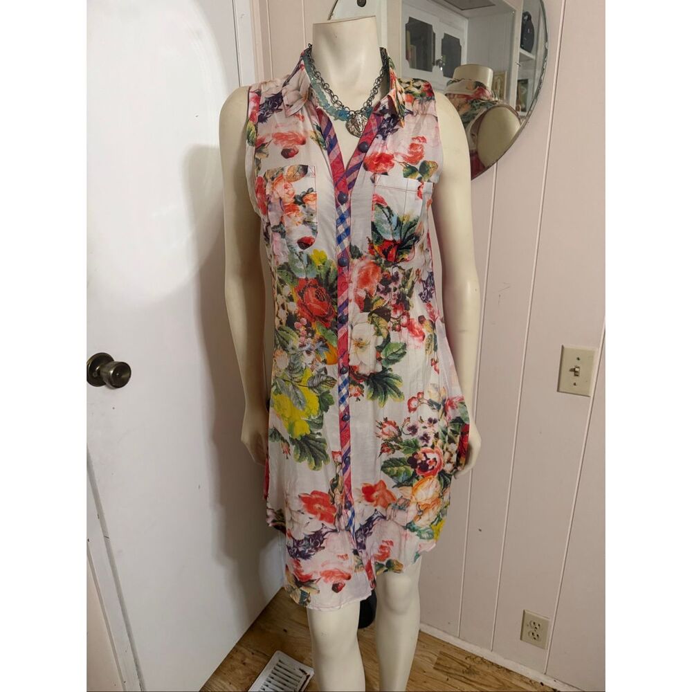 Arrata Silent Journey Mixed Media Sleeveless Button Up Dress W/ Plaid Back M